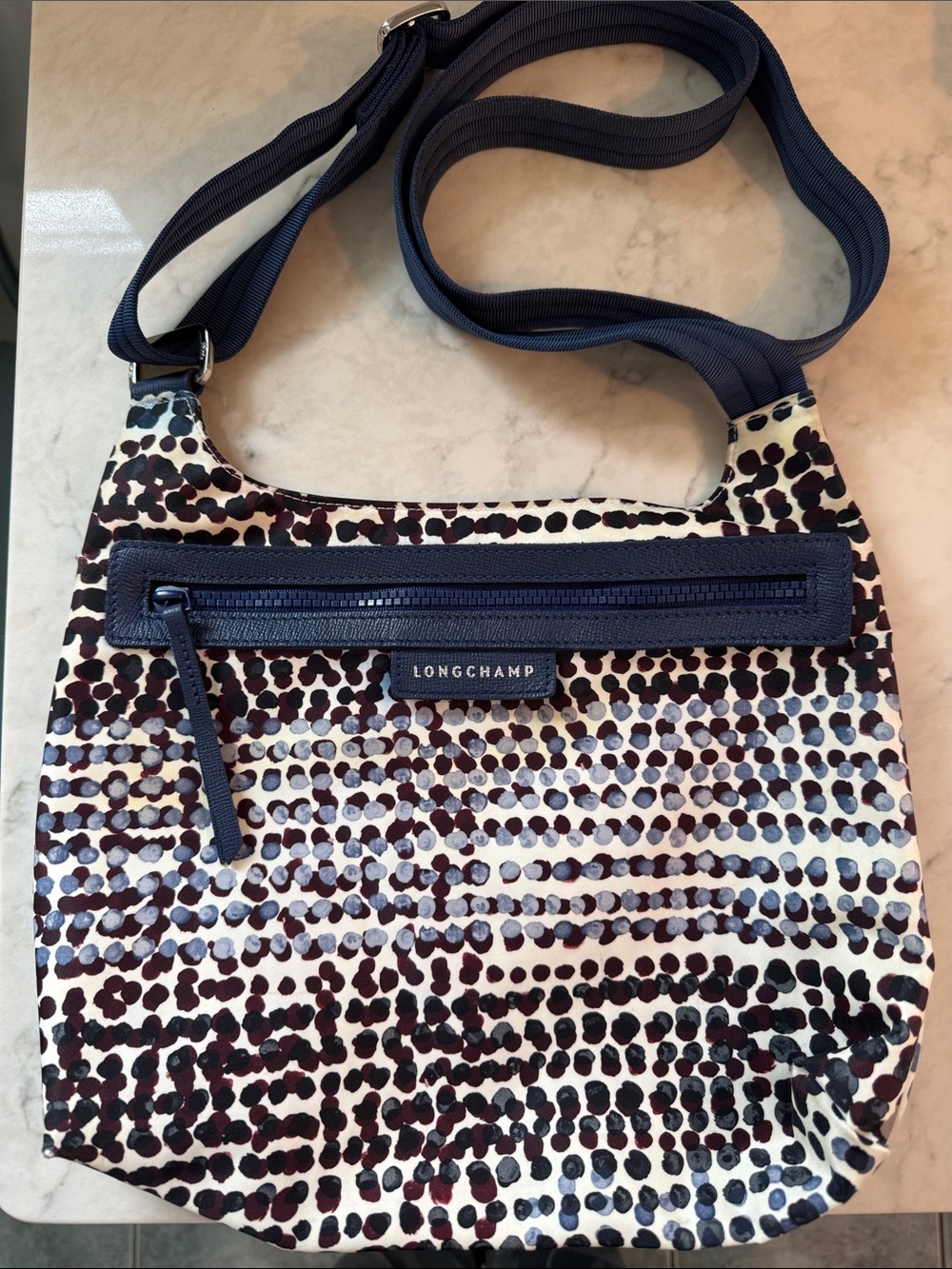 Longchamp Navy and Burgundy Dot Print Crossbody Bag